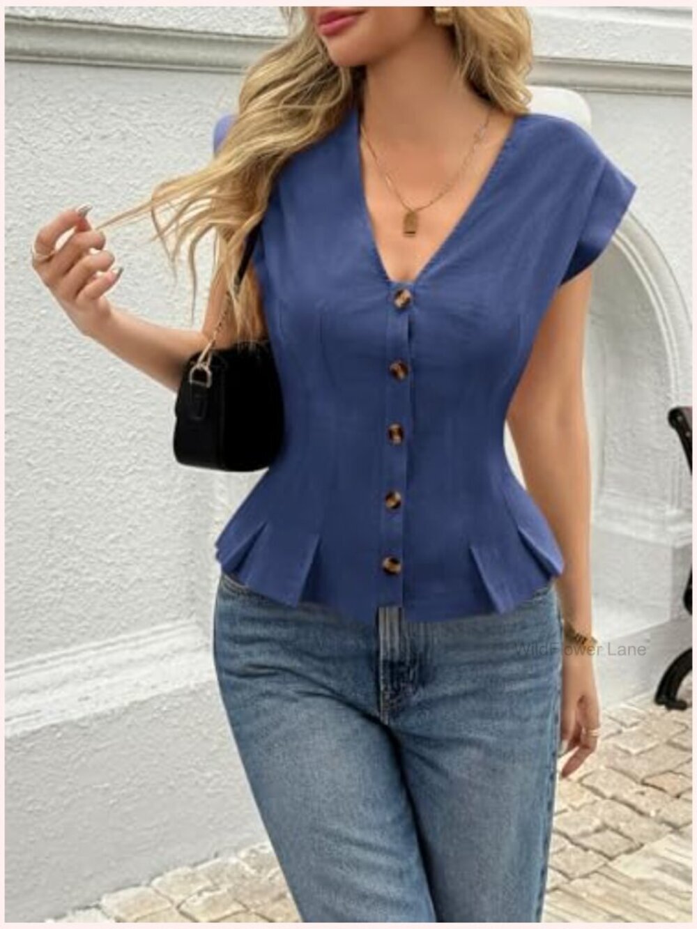 Deep V Neck Cotton Top with Cap Sleeves and Ruffle Hem - Fitted Blouse - Picture 4 of 7